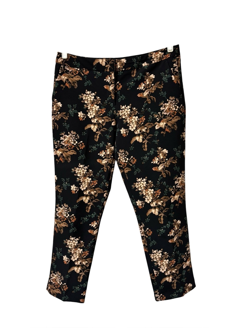 Cynthia Rowley black dark floral motif straight leg ankle cropped pants size 12